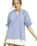 Umgee Women's Blouse Blue Stripe Ruffle Short Sleeve Split-Neck Top