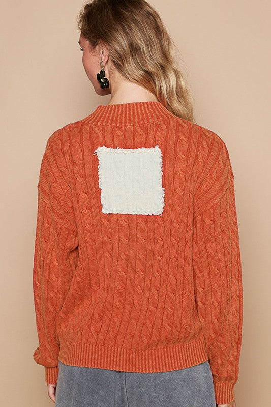 POL Cable-Knit Orange-Red Sweater Peace Patch Half Zip Mock Neck Long Sleeve