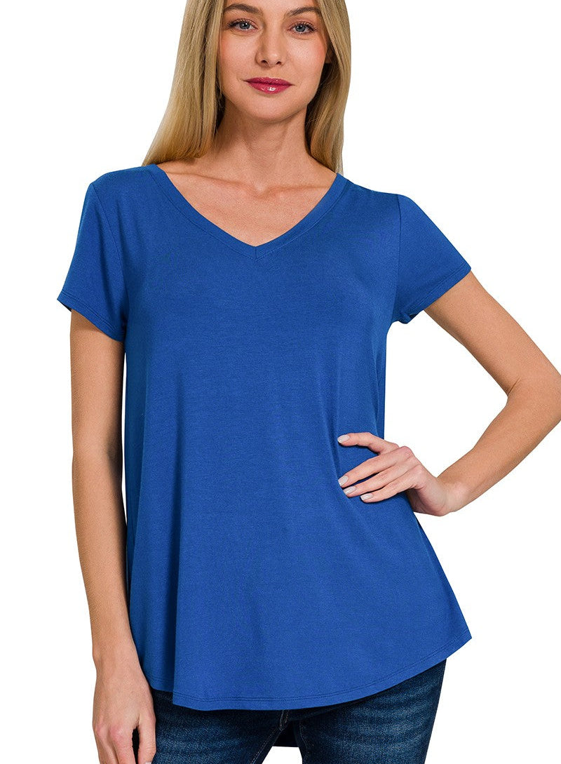 Zenana Rayon Short Sleeve V-neck Round Hem Top