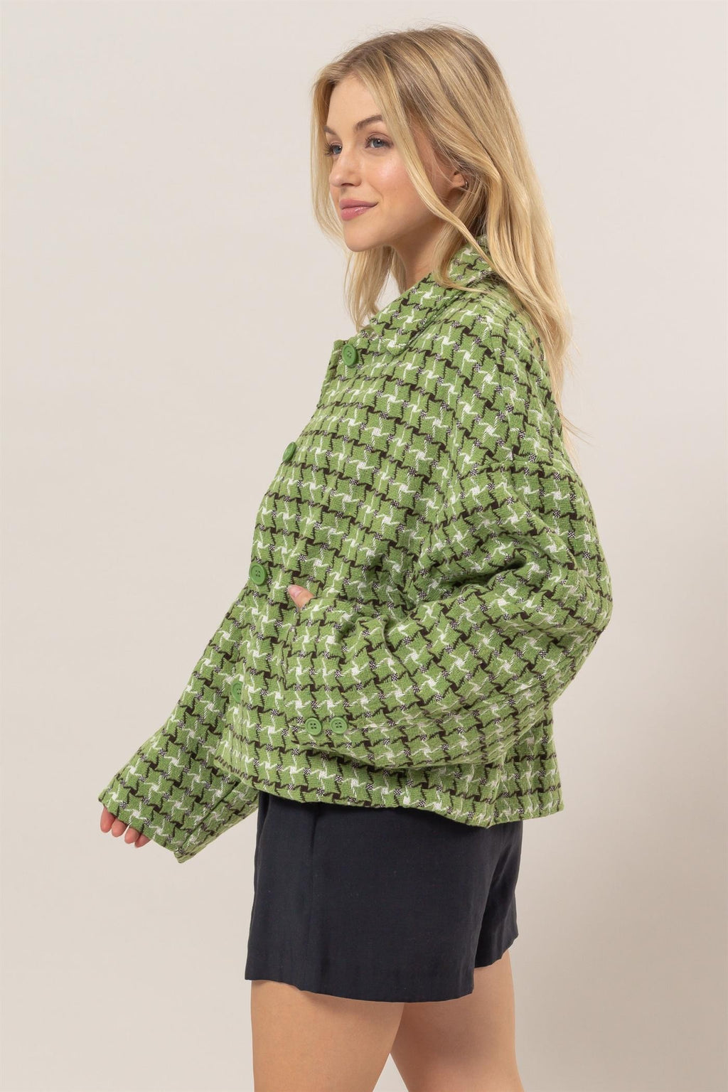 HYFVE Women Jacket Tweed Green Plaid Button Up Collared Neck Long Sleeve Outwear a640f1b2-5f57-40fe-921d-ab822540e1cd-Max Trendsi
