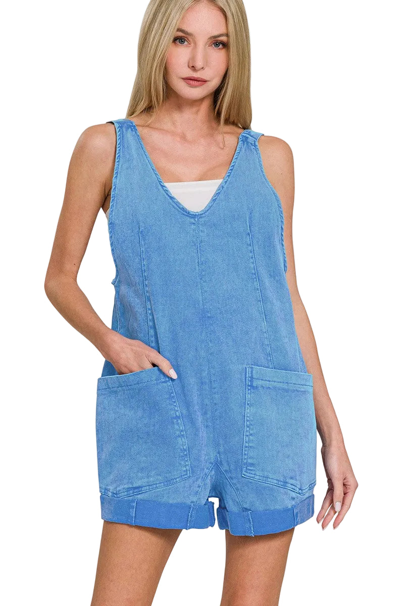 Zenana Washed Denim Romper with Adjustable Straps and Pockets