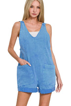 Zenana Washed Denim Romper with Adjustable Straps and Pockets