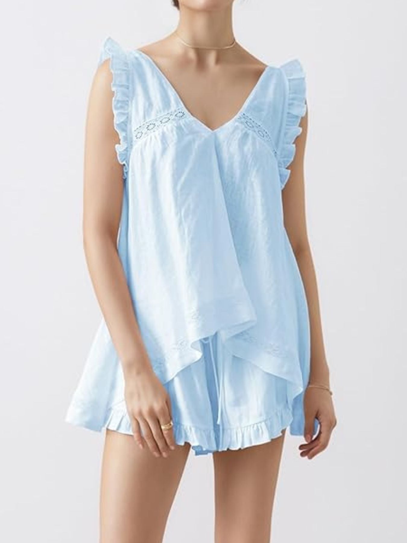 Ruffle Trim V-Neck Two-Piece Top and Shorts Set