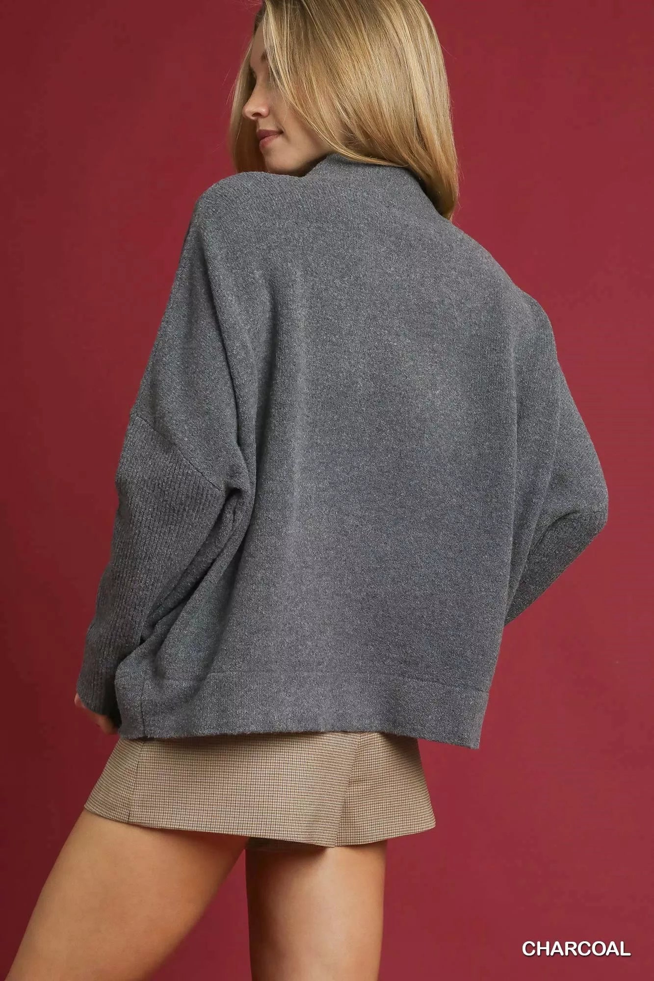 Umgee Sweater Gray V-Neck with Wide Trim Detail Ribbed Pullover