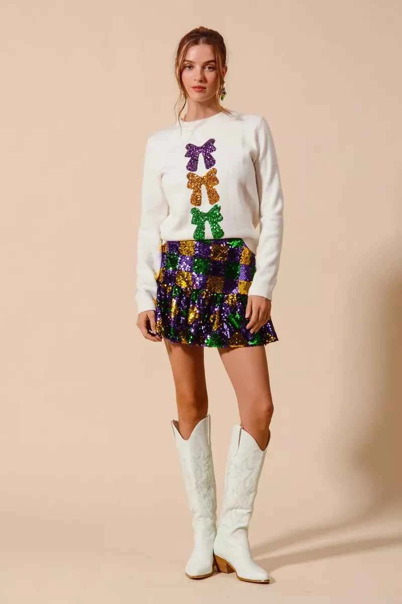 SO ME Sequins Mini Skirt Mardi Gras Checker Ruffled a64e441c49f84701a69144b06160a6ae-Max-Origin Trendsi