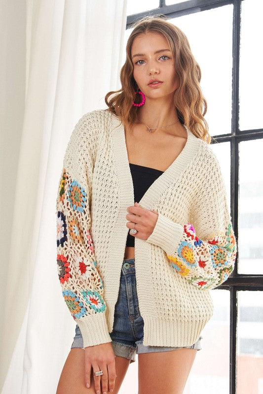 ADORA Women's Cardigan Floral Contrast Crochet Open Front Ivory Long Sleeve a64e9da4-303d-4b07-955a-892593f1ec0b-Max Trendsi