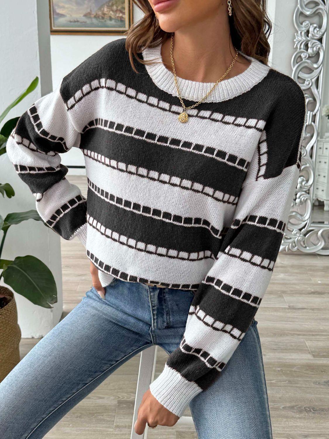 Striped Sweater Round Neck Long Sleeve Knitwear a64ed976-cb87-4ea2-b22a-312ca2fc42a4-Max Trendsi
