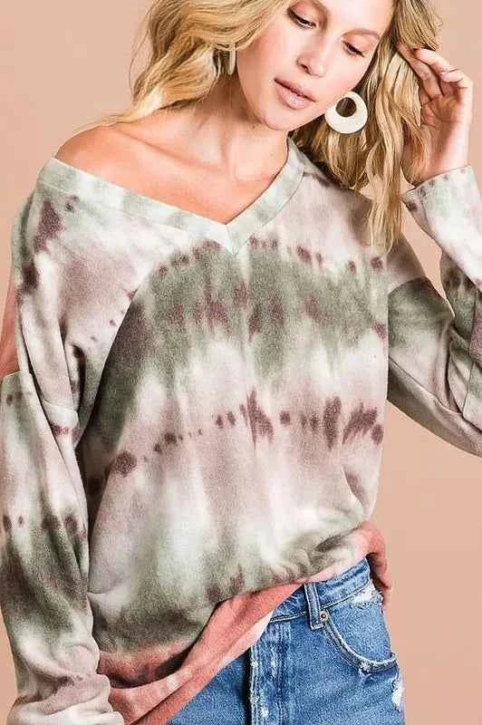 BiBi Brushed Tie Dye Looking Print V Neck Top