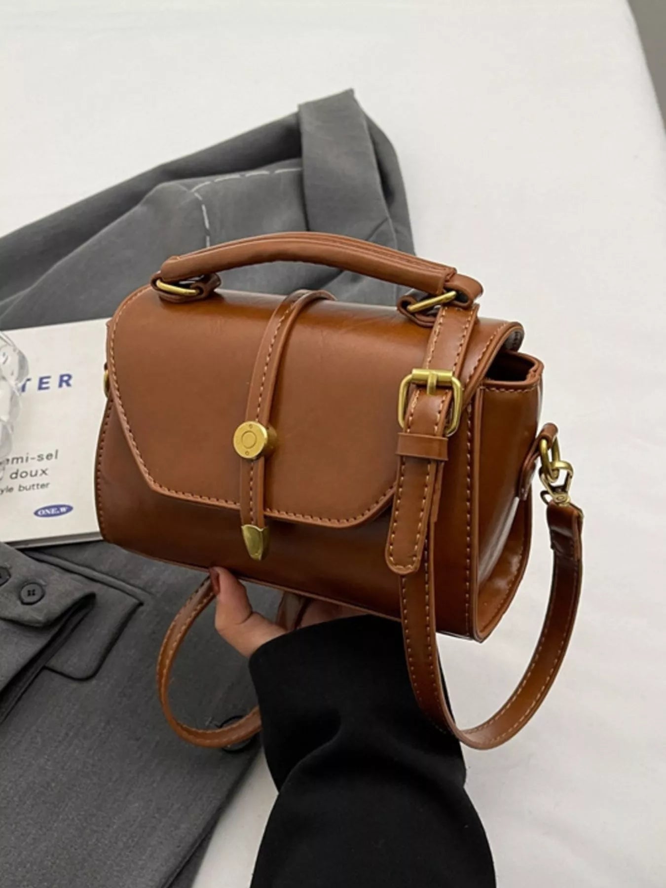 Womens Crossbody Bag Pu Leather Top Handle Handbag Brown One Size a6613b5b-f60f-4c97-a378-5a927be0a7c5-Max-Origin Trendsi