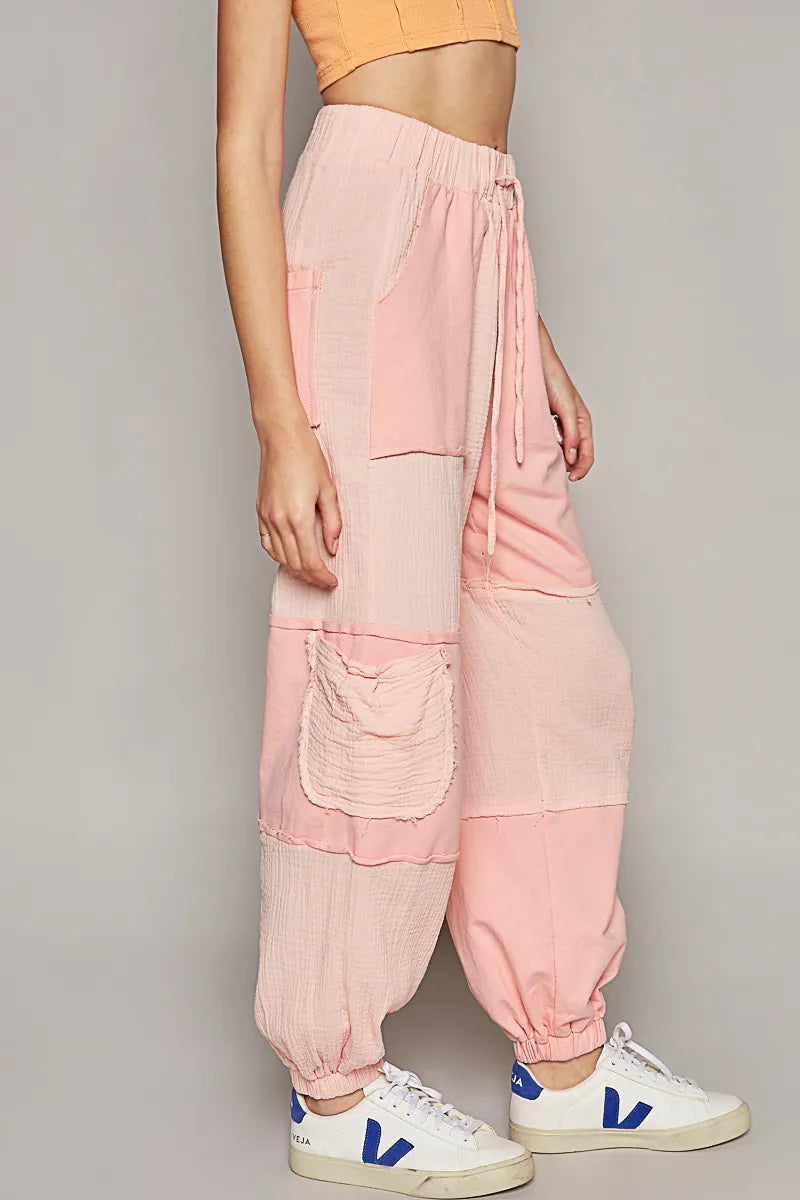 POL Jogger Pants Blush Pink Cotton Drawstring Pocketed Contrast Seams