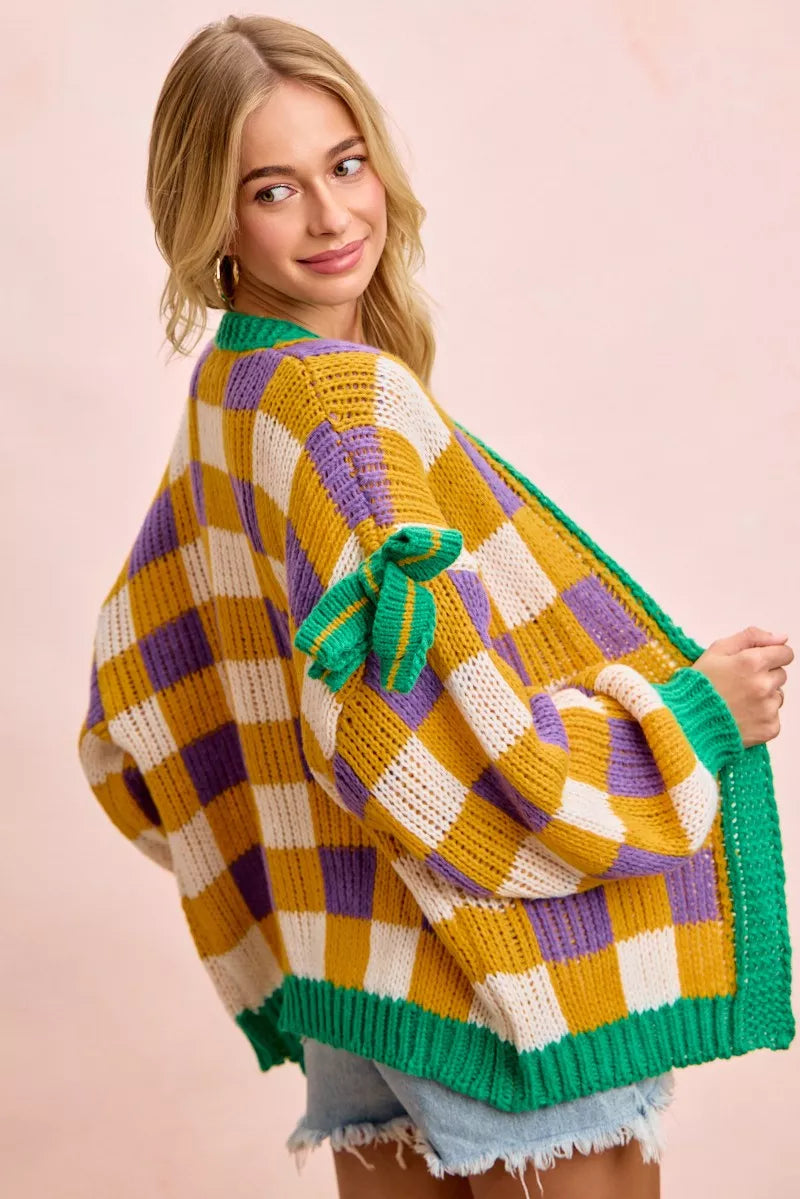 BiBi Women Cardigan Mardigras Checker Board Front Open Bow Sleeves a6632a3241aa4208a77c90c8b55495f6-Max-Origin Trendsi