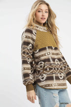 Umgee Womens Sweater Brown Aztec Print Sherpa High Neck Snap Pullover a663383d-69ca-4c24-b5b7-7937eb0dd5ac-Max-Origin Trendsi