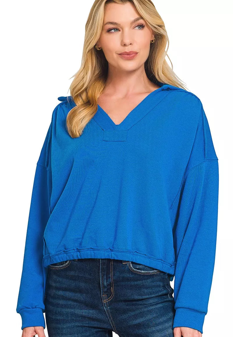 Zenana Women Sweatshirt Ocean Blue French Terry Collared Exposed Seam Top OCEAN BLUE a673bb72cec8485ea00c5e07e25d5592-Max-Origin Trendsi