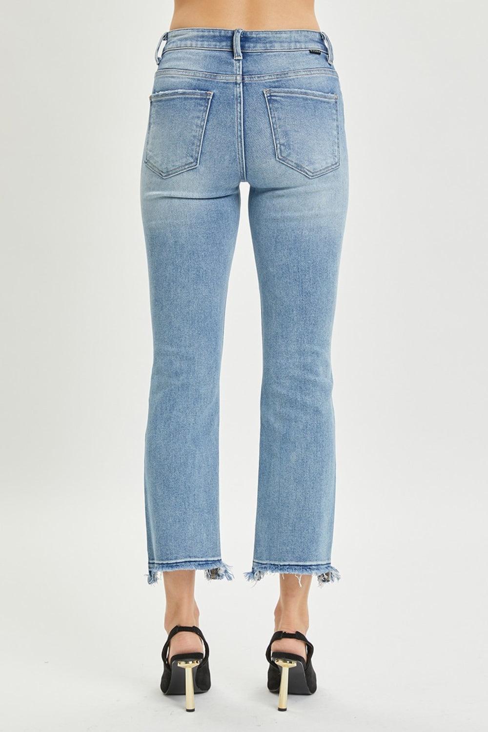 Cropped Straight Jeans RISEN High Rise Distressed Denim Pants