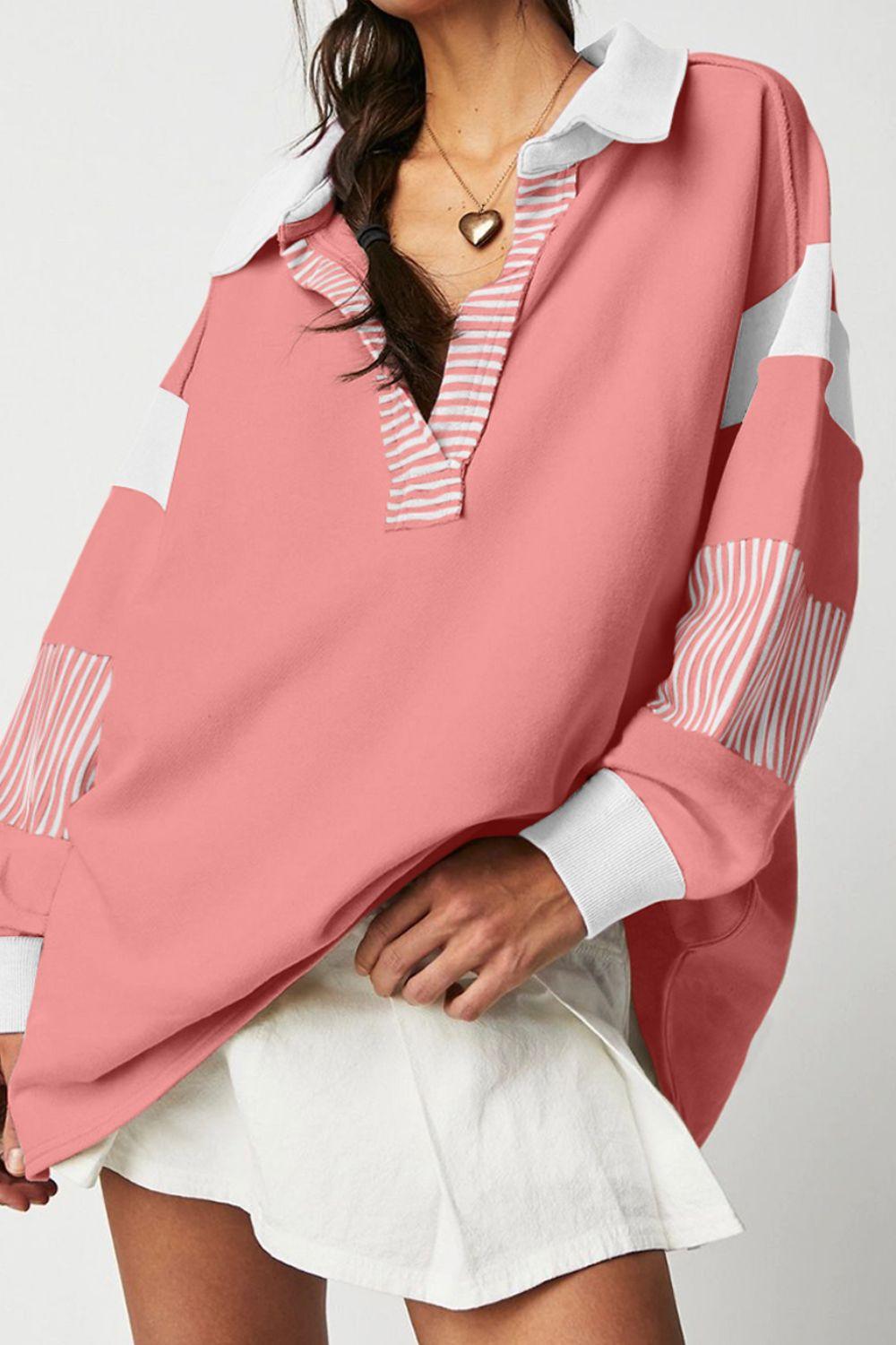 Collared Sweatshirt Striped V Neck Long Sleeve Top Blush Pink a67c3c68-b10a-4eae-8c76-e9e1944b4606-Max Trendsi