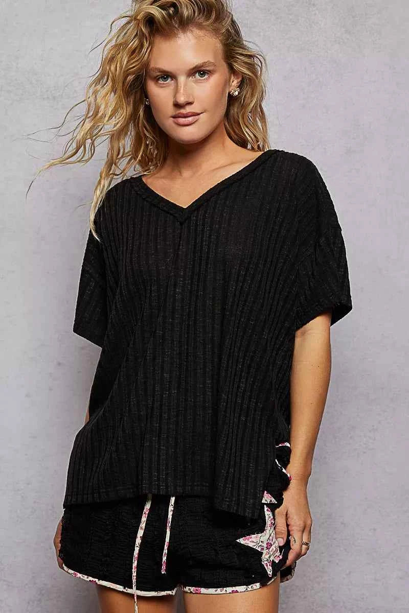 POL Ribbed Women T-Shirt Black Knit V-Neck Short Sleeve Top Black a67fcc24-6908-495d-96bf-dba474261514-Max-Origin Trendsi