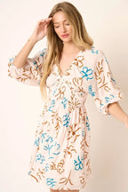 Mittoshop Mini Dress Flower Print Mocked Waist V Neck Short Sleeve a68c6fcffd80465ab101f4849d6f28d5-Max-Origin Trendsi