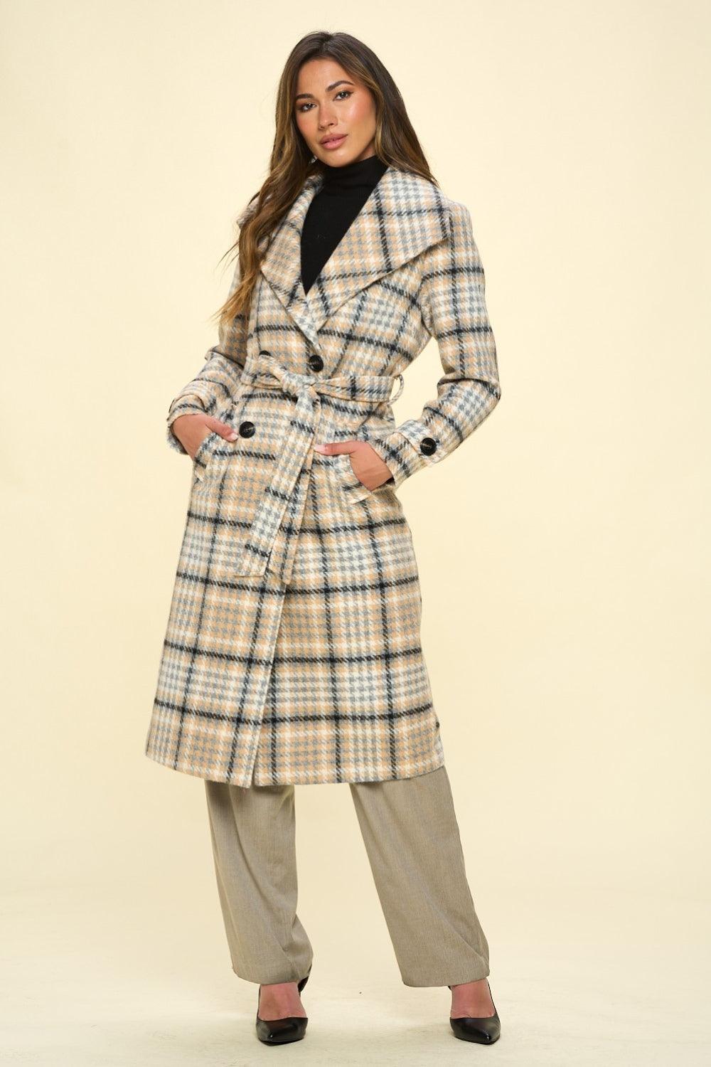 Coalition LA Coat Vegan Wool Double-Breasted Plaid with Belt a694a799-d87a-4c4b-8439-3340237d9eb4-Max Trendsi