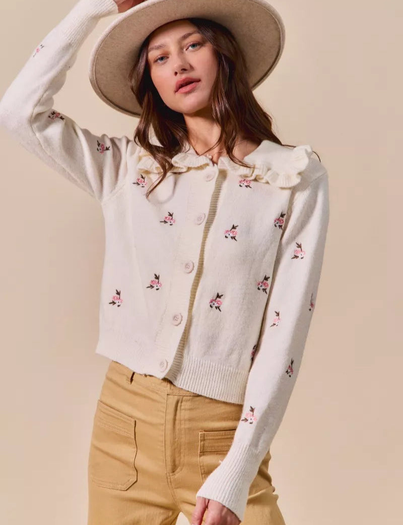 SO ME Women's Cardigan Cream Floral Embroidered Collared Long Sleeve Sweater CREAM MULTI a696c9322f81499994b7550d196e89d9-Max-Origin Trendsi