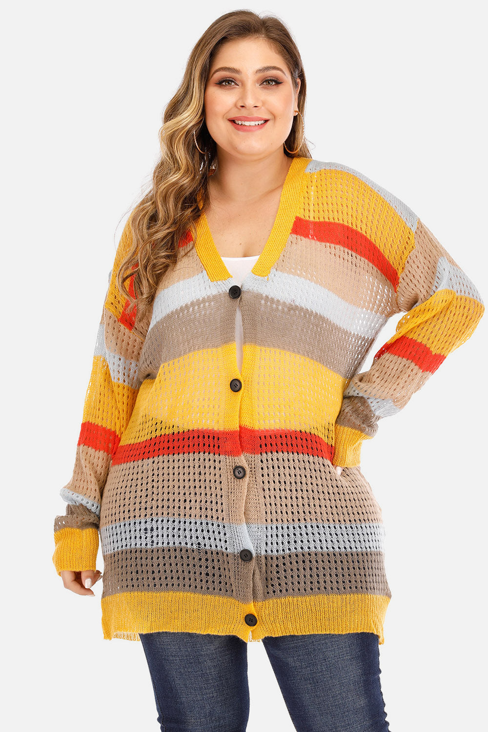 Plus Size Openwork Color Block Button-Up Cardigan