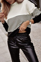 Women Knit Top Striped White Black Color Block Long Sleeve Pullover a6b0f08c-79e0-4fe5-9ad5-24ed5e66d693-Max Trendsi