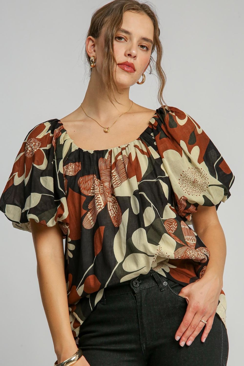 Umgee Blouse Floral Mix Print Round Neck Puff Sleeve Cotton Top RUST MIX a6b50e85-adf6-4eff-9285-2ce9245275ac-Max Trendsi