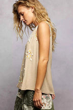 POL Washed Ribbed V-Neck Tank with Floral Print Star Patch