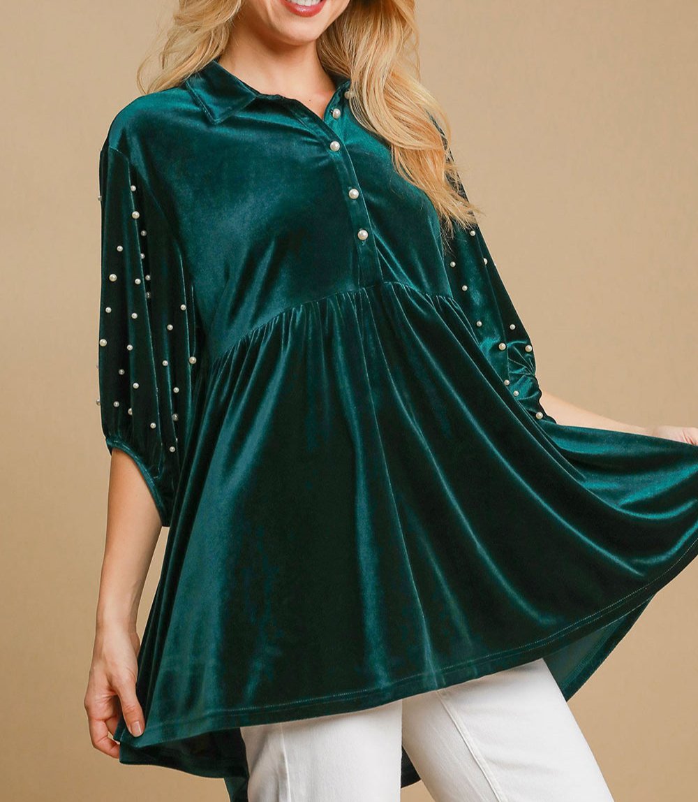 Umgee USA Pearl Babydoll Blouse Green Women Half Sleeve Velvet Ruffle Top