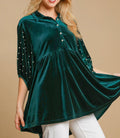 Umgee USA Pearl Babydoll Blouse Green Women Half Sleeve Velvet Ruffle Top Hunter Green a6ba160e-695a-4787-be84-4b11c23ff1b6-Max Trendsi
