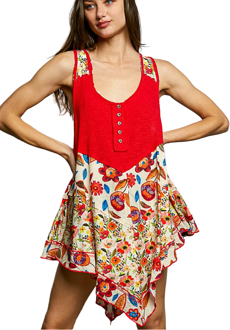 POL Asymmetrical Floral Tank Top Flowy Ribbed Button Scoop Neck Sleeveless Blouse