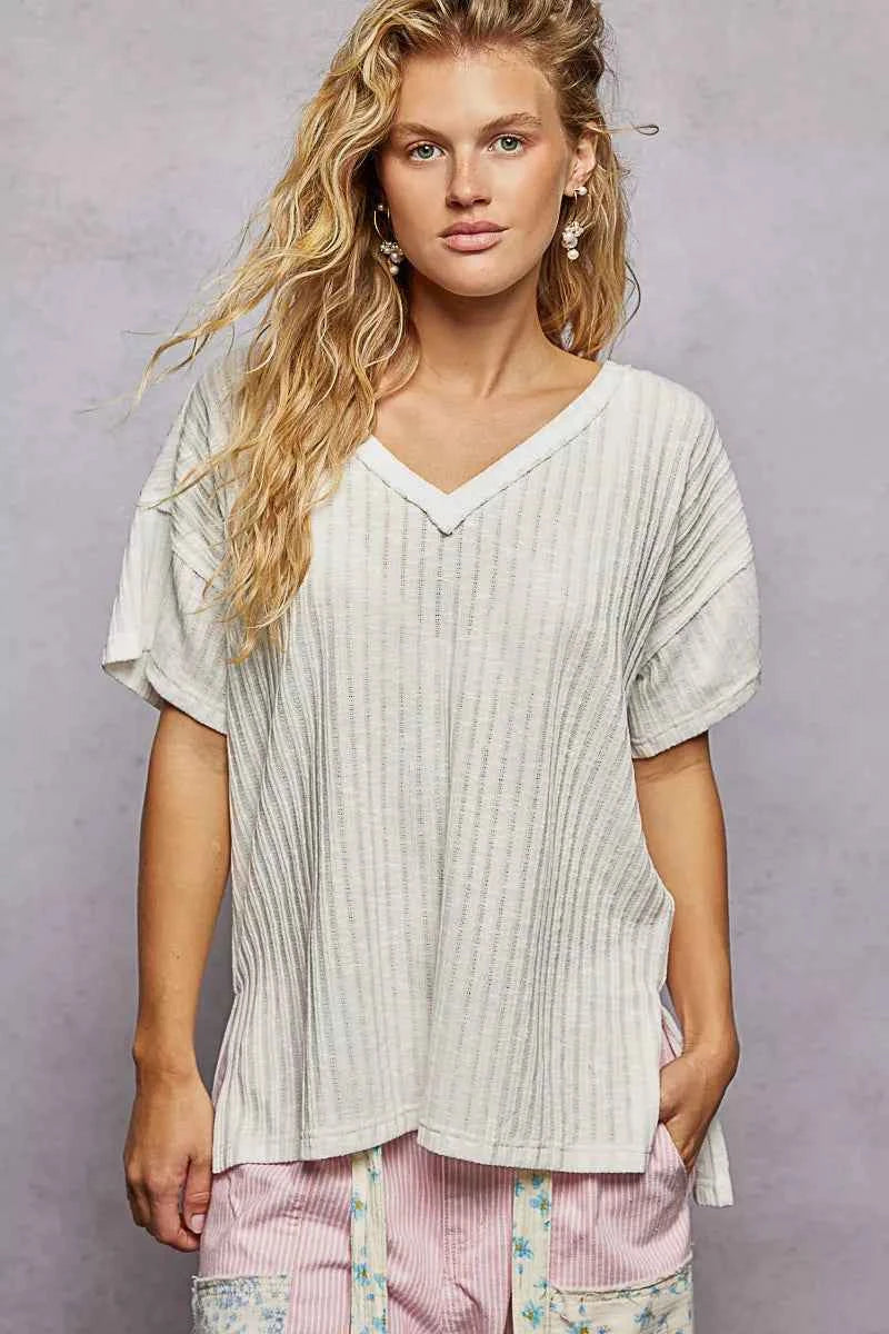 POL T-Shirt Ribbed Knit V-Neck Off White Short Sleeve with Side Slit Top OFF WHITE a6bf896f-bbe7-4b21-9f03-6ce822666d73-Max-Origin Trendsi