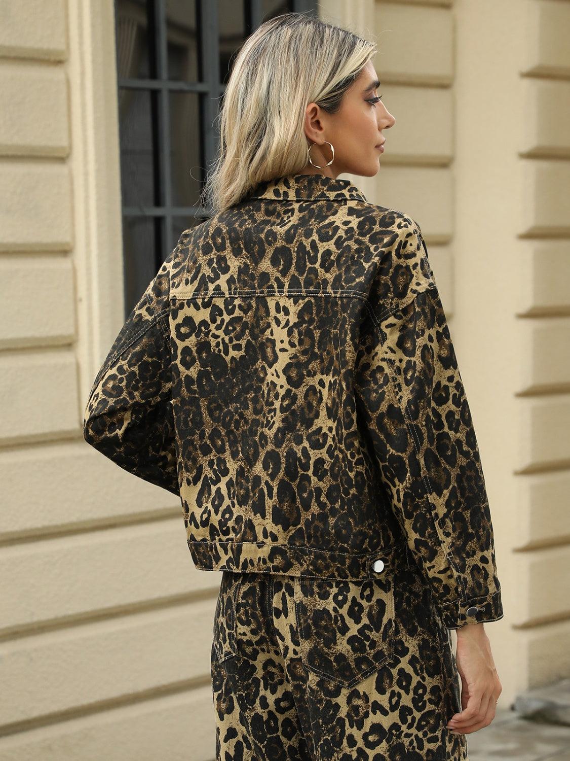 Denim Jacket Leopard Pocketed Long Sleeve Buttoned Outwear a6cb1352-5ca3-4006-9e56-3d6d72e5d4fc-Max Trendsi