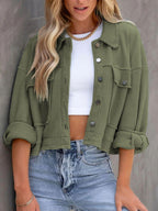 Jacket Button Up Flap Pocket Soft Unlined Long Sleeve Outwear Moss a6cb6944-f321-4e41-b3a0-14ea834c0521-Max Trendsi
