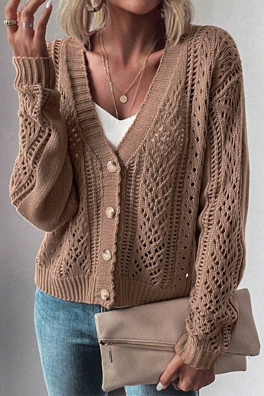 Cardigan Cotton Blend V Neck Openwork Button Up Long Sleeve Taupe