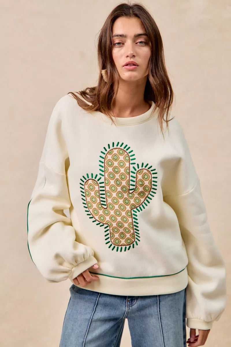 BiBi Womens Sweatshirt Cactus Embroidered Cream Fleece Pullover a6cfc448552c46a3a80ac8d6ecbdf85f-Max-Origin Trendsi