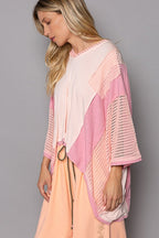 POL V Neck Blouse Blush Pink High-Low Contrast Long Sleeve Openwork Tops a6d6c319-8d69-497a-97df-56c352f636e8-Max Trendsi