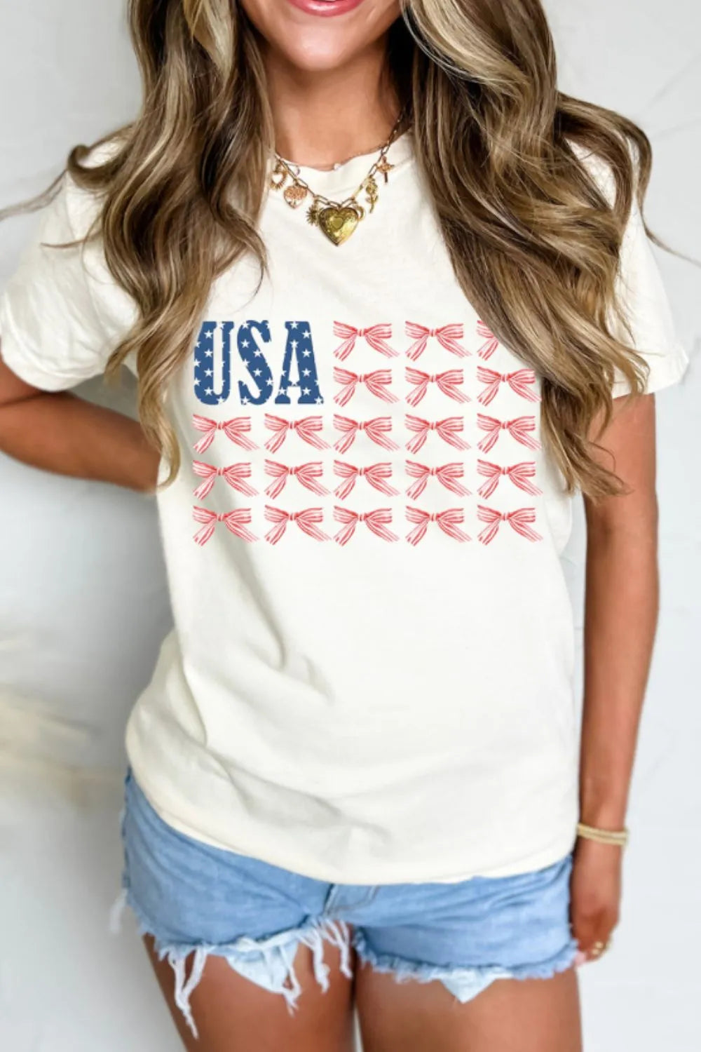 Women's T-shirt USA Flag Bow Knot Print Round Neck White Top Tee a6e01b65-0ff8-4c9c-855c-b9b7962106b0-Max-Origin Trendsi