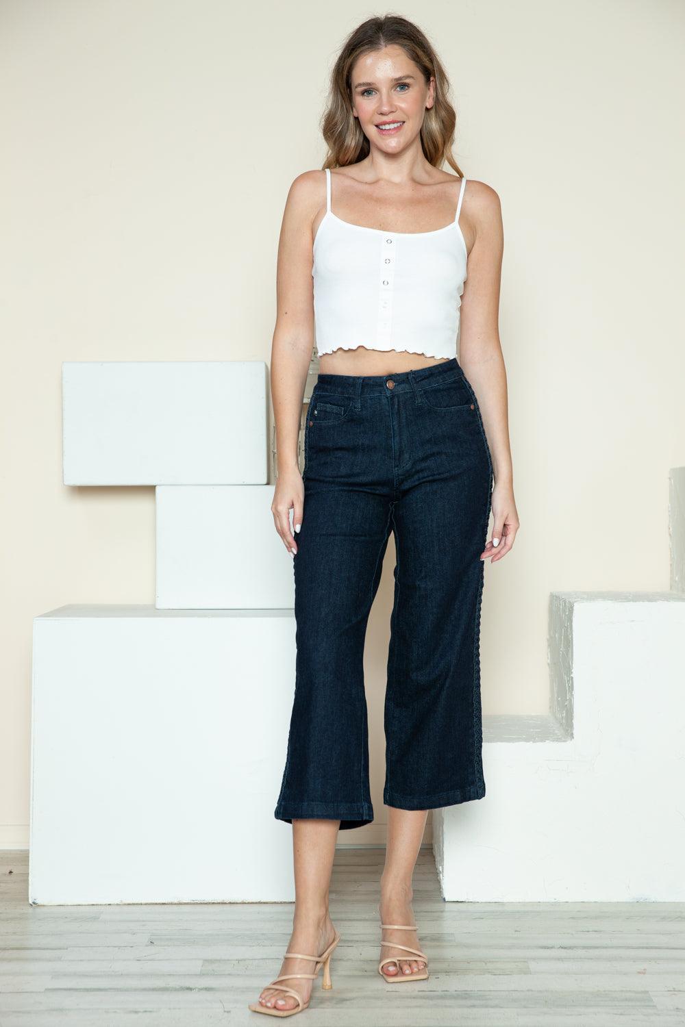 Judy Blue US Crop Wide Leg Jeans Side Seam Braid Detail Denim Capri a6e071f7-d293-40bf-a23c-4b4fc8acdb42-Max Trendsi