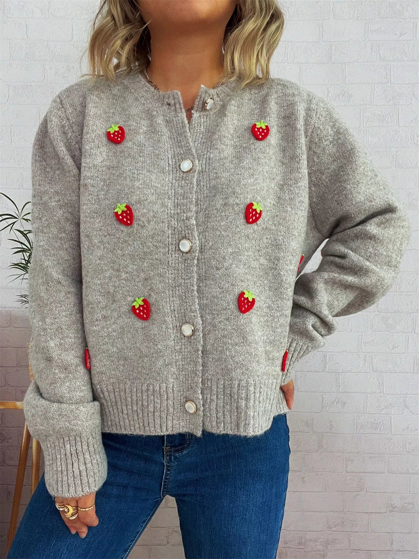 Women's Cardigan Strawberry Button Up Long Sleeve Soft Knit Beige One Size a6f63b0b-118d-46f4-9b32-ece68afdb190-Max-Origin Trendsi