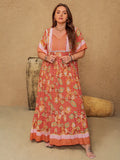 Plus Size Printed Maxi Dress with Tie Neck and Flutter Sleeves
