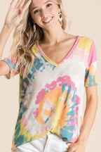 BiBi Circular Tie Dye Print Womens Blouse V Neck Top Short Sleeves a6faf99c9b114d4e870a2fc9726b0bd8-Max-Origin Trendsi