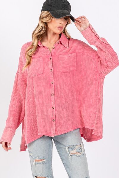 SAGE + FIG Cotton Shirt Pink Frayed Hem Side Slit Button Down Oversized Top Pink a70831d3-65b3-49a2-9424-1a7676e665dd-Min Trendsi