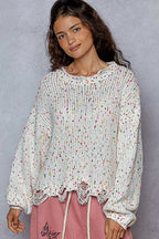 POL Sweater Knit White Pink Colorful Round Neck Fringed Distressed Hem a7092f5f-f9a9-45e1-b087-f1c629cfa017-Max-Origin Trendsi