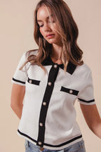SO ME Sweater Shirt Top Classic Button Up Knitted Short Sleeve Ivory Black a70ab7f249574ea08c57822df366a07c-Max-Origin Trendsi