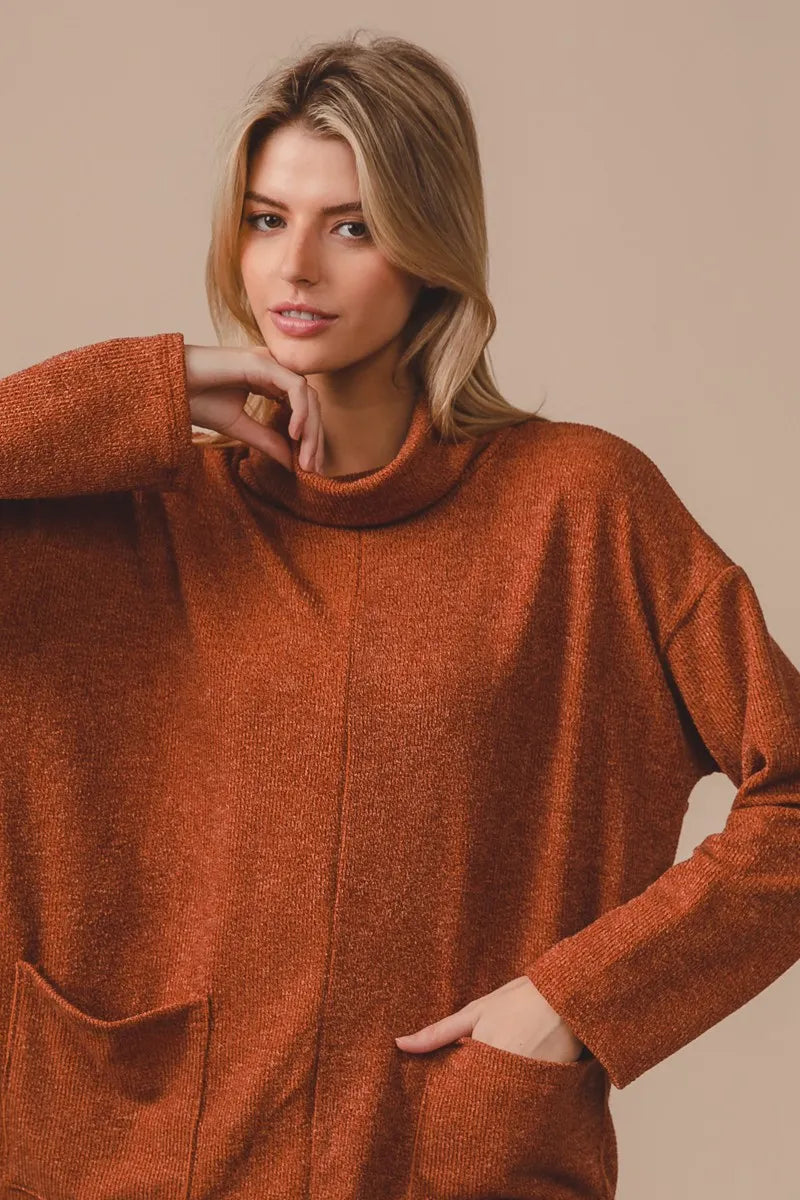 BiBi Piper Rib Sweater Turtle Neck Rust Double Front Pockets Oversized Top a72366dce21249efb64f939943e092e6-Max-Origin Trendsi
