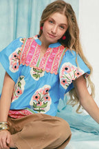 Umgee Blouse Sky Blue Floral Notched Puff Short Sleeve Top a724b844-86c1-4332-beb5-c89f1cbb52d3-Max-Origin Trendsi
