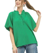 Umgee Puff Sleeve Ruffle Neck Tunic Blouse with Button Placket and Textured Fabric
