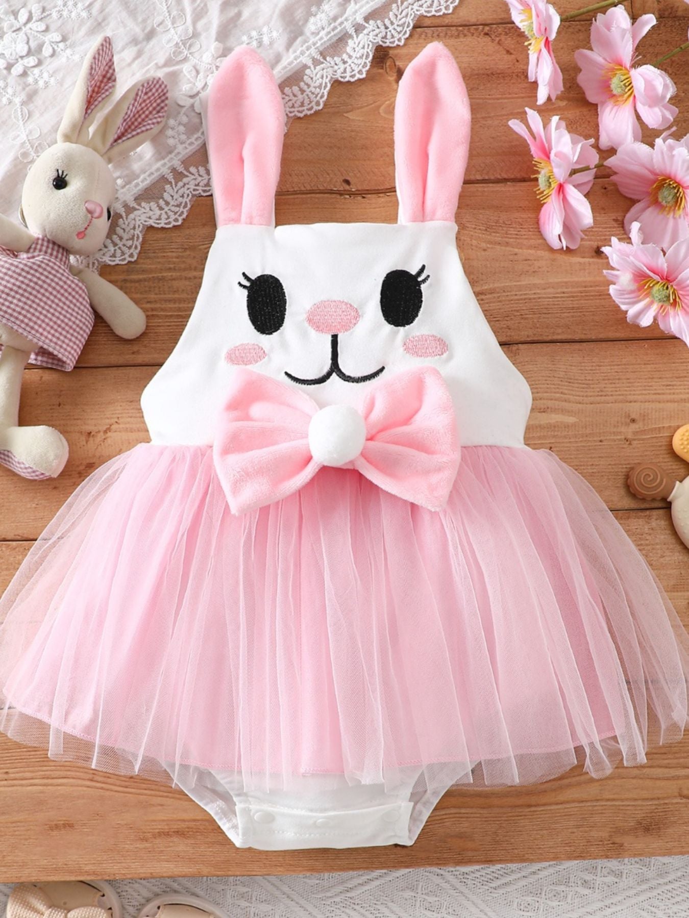 Children's Bunny Embroidered Bow Decorative Mesh One-Piece Outfit