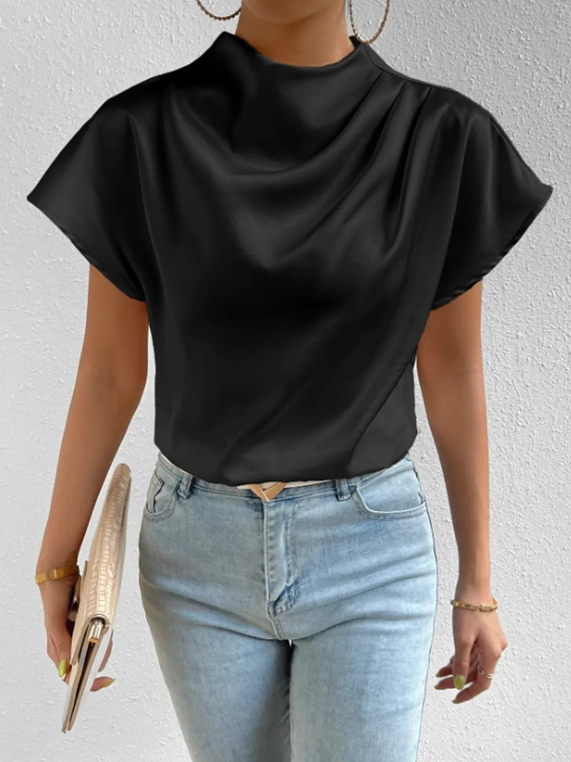 Satin Blouse Mock Neck Pleated Short Sleeve Basic Style Top a7325911-8ea0-49a7-a33f-5622004e54f9-Max-Origin Trendsi