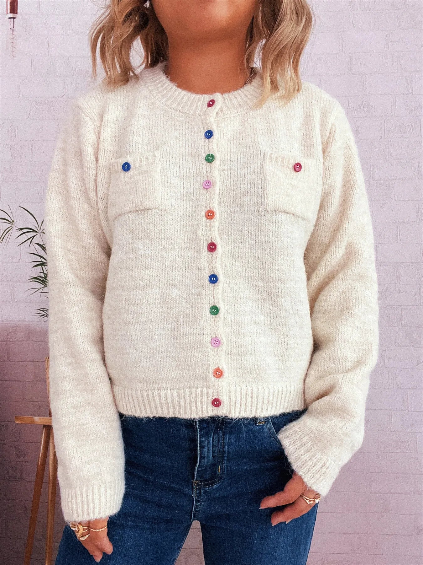 Women's Cardigan Colorful Button-Up Ribbed Hem with Chest Pocket Beige One Size a7375ef5164b4e60b7ff6d91542b6362-Max-Origin Trendsi